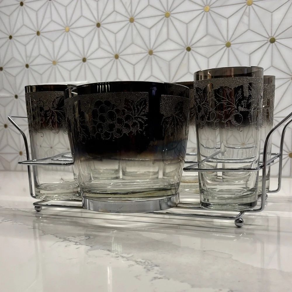 MCM Dorothy Thorpe Grape Pattern Silver Fade Ice Bucket & Six 12 Oz. Tumblers
